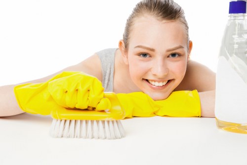 Cleaner in Shepherdsbush preparing a modern kitchen for deep cleaning